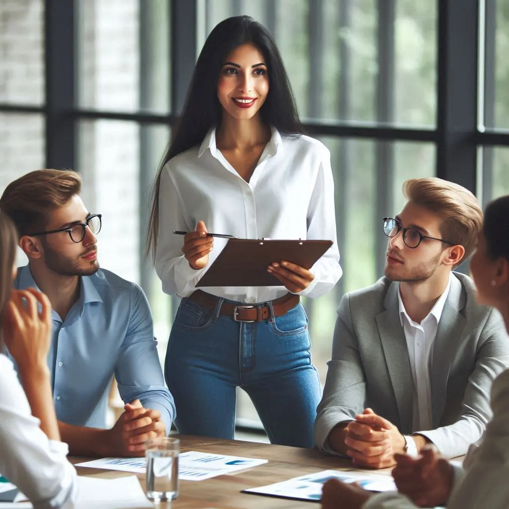 Manager dirigant une équipe avec une approche participative et collaborative dans un environnement de travail moderne